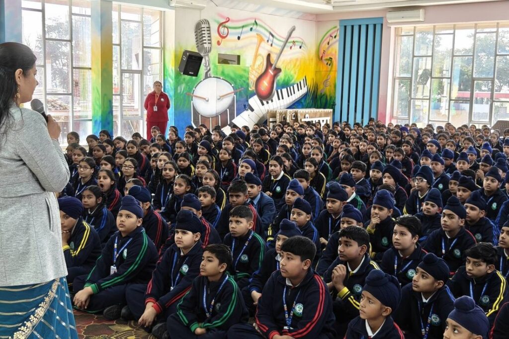 Pupils at morning assembly in the school hall